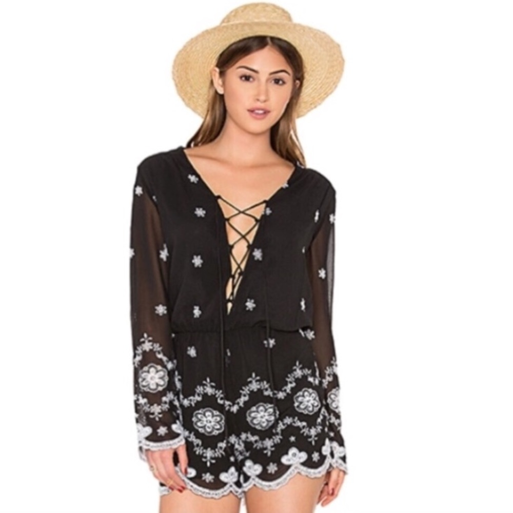 WAYF Black White Embroidered Lace Up Front Romper